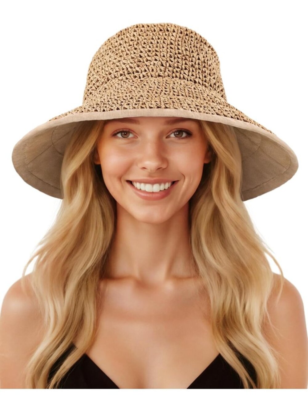Stylish Wide Brim Sun Hat for Women - UV Protection, Packable Straw Bucket Hat